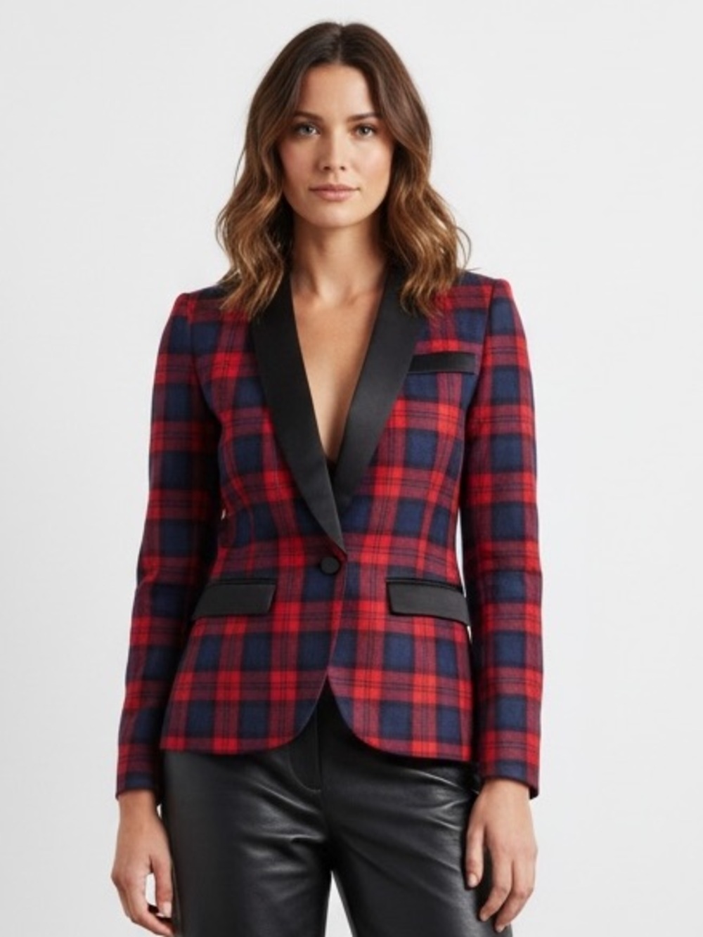 Dc Smythe Women's Red Plaid Wool Blazer Tuxedo Style Black Lapel Size Medium M